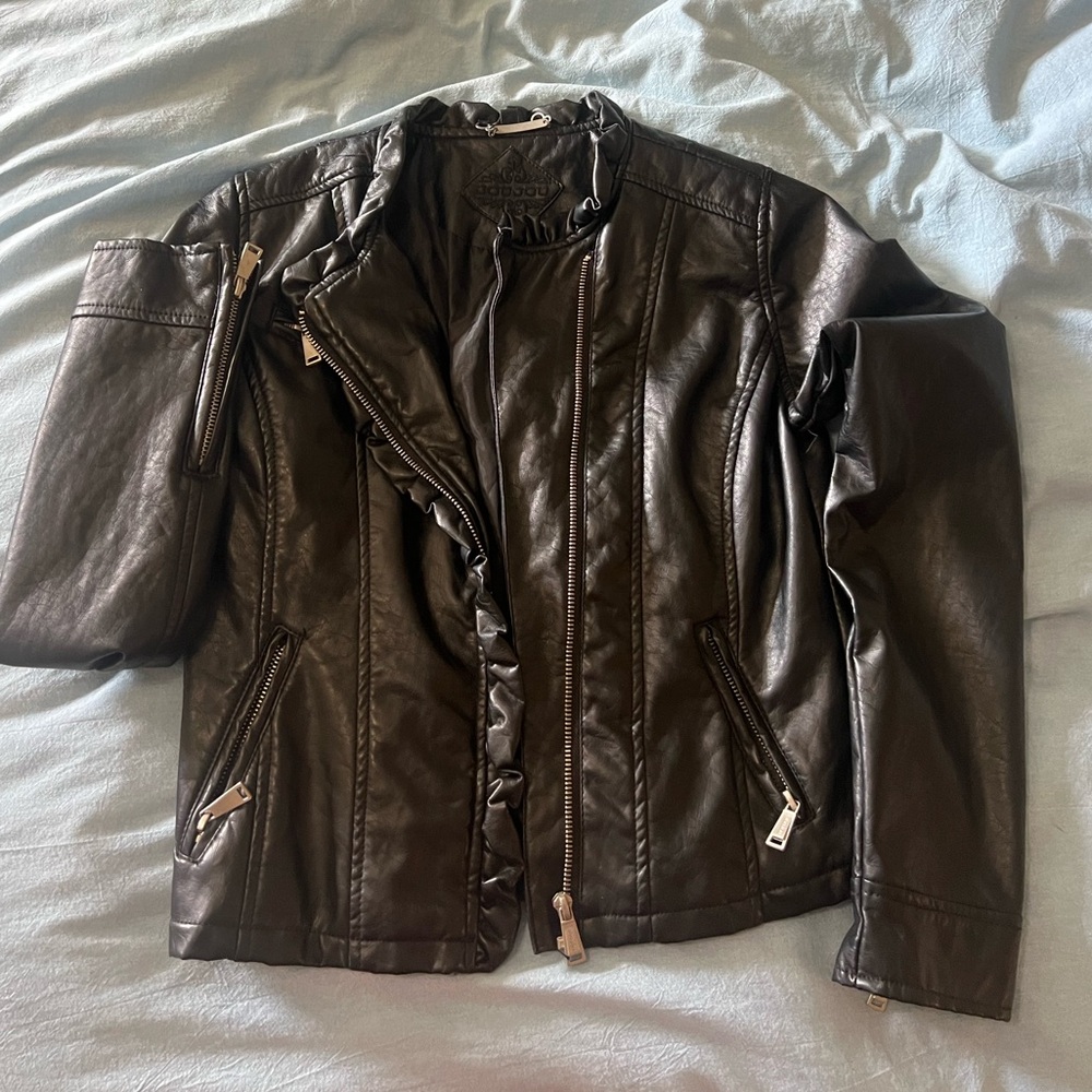 Vintage Y2K Black Faux Leather Ruffle Moto Jacket